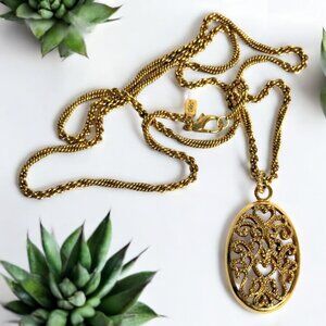 Vintage 1928 Goldtone Filigree Tassel Pendant Necklace 32”